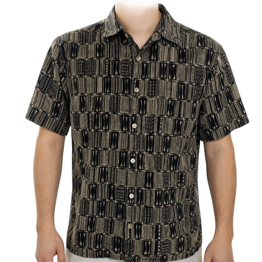 Tori Richard Hawaiian Aloha Shirt Small Tribal Symbols Oars‎ Collage Black Brown